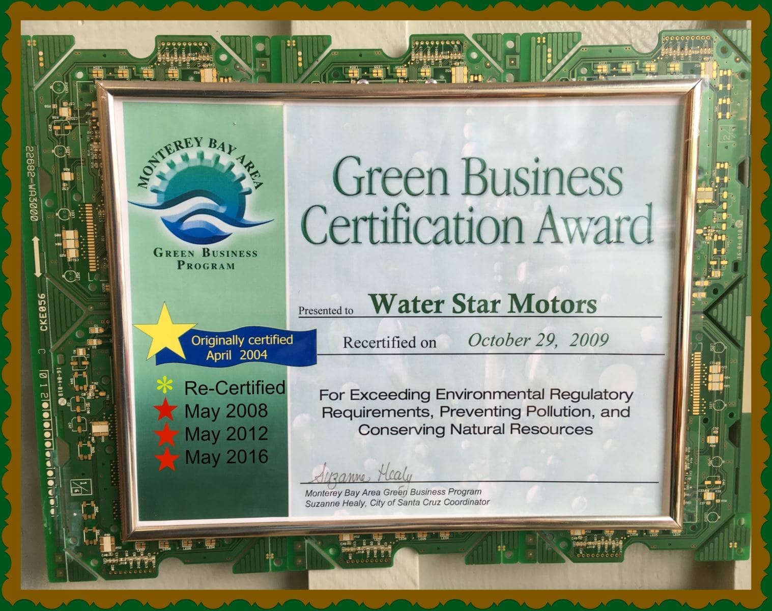 Green Business Certification award for Water Star Motors in Santa Cruz